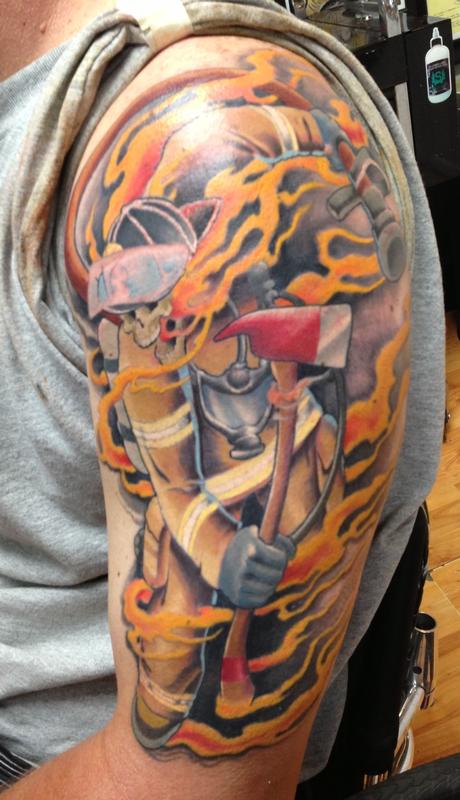 fire fighter with flames tattoo, Tim McEvoy Art Junkies Tattoo by Tim  Mcevoy: TattooNOW