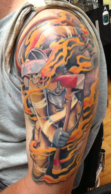 fire fighter with flames tattoo, Tim McEvoy Art Junkies Tattoo by Tim Mcevoy: TattooNOW fire fighter with flames tattoo, Tim McEvoy Art Junkies Tattoo by Tim Mcevoy: TattooNOW