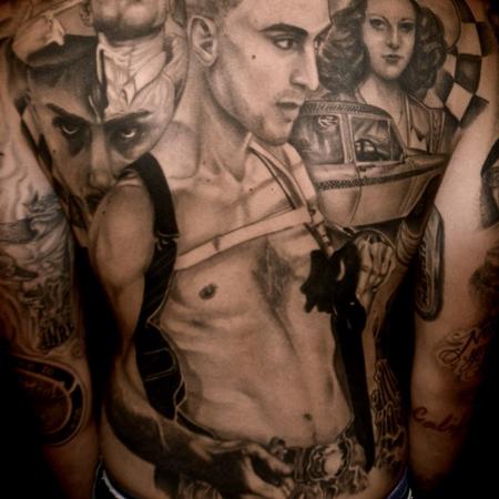 Tattoos - black and grey back piece of movie 