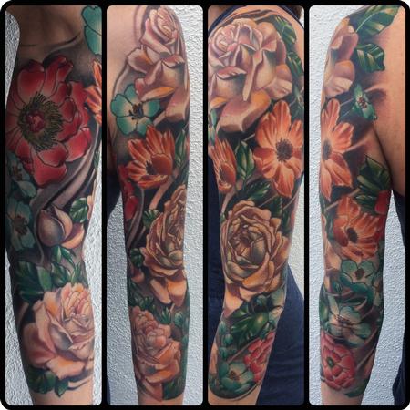 Tattoos - Realistic color flower sleeve tattoo, Brent Olson Art Junkies Tattoo - 108041