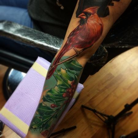 Brent Olson - realistic color cardinal with holly tattoo. Brent Olson Art Junkies Tattoo 