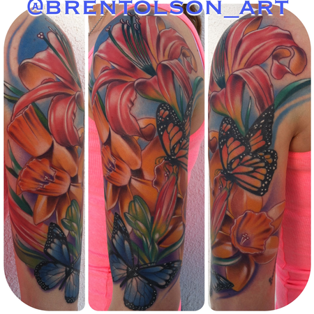 Tattoos - realistic colored flowers with butterfly tattoo, Brent Olson Art Junkies Tattoo - 76058