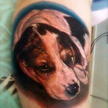 Big Gus - color realistic portrait of dog tattoo.