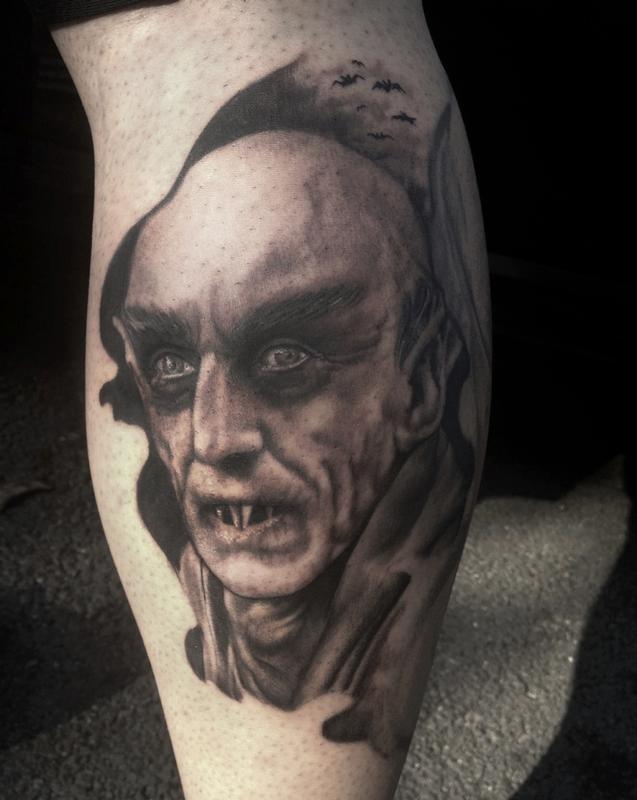 Black and Grey Portrait Tattoo of Nosferatu by Ryan Mullins: TattooNOW
