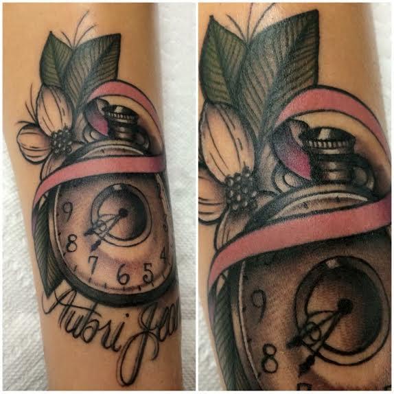Traditional color pocket watch with banner tattoo. Frichard Adams Art