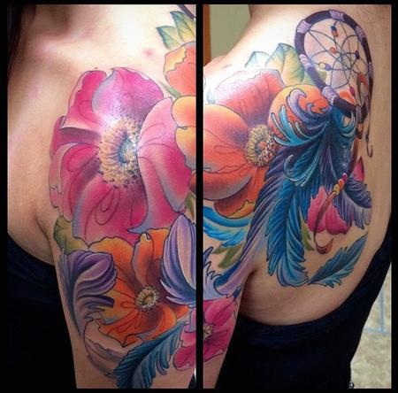 Tattoos - Colorful Flowers & Dreamcatcher  - 96151