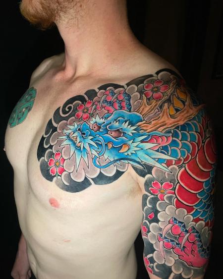 Japanese dragon chest and half arm sleeve Tattoo Design Thumbnail
