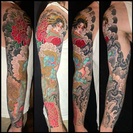 Tattoos - Geisha and foodog sleeve tattoo - 145581
