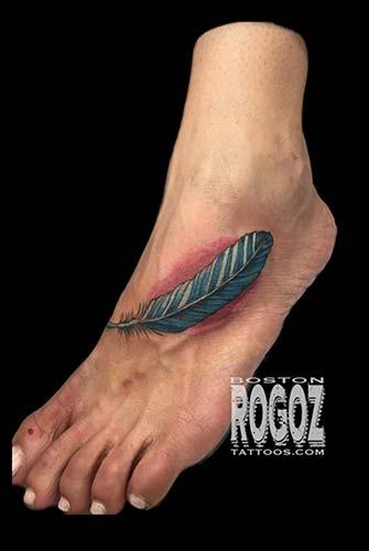 Beautiful Colored Peacock Feather Feet Tattoo