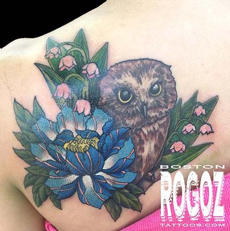 Tattoos - owl and peony tattoo - 119640