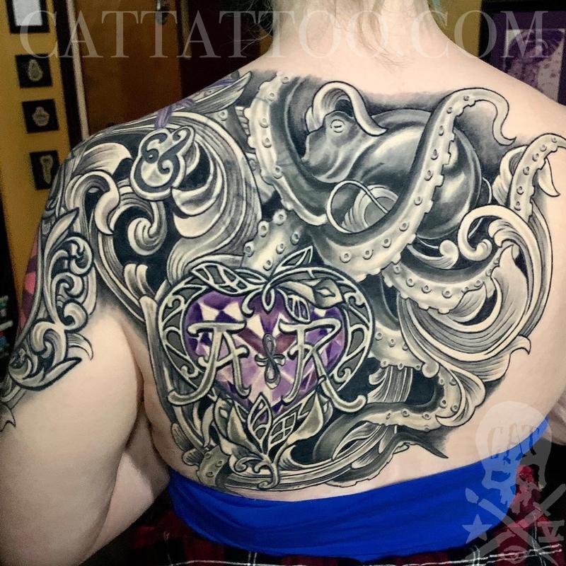 Finished black and grey cover up tattoo by Terry Mayo TattooNOW