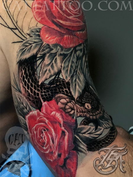 Tattoos - Snake and Roses Half Sleeve - 142786