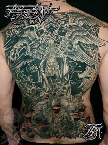 Terry Mayo - Black and Grey Angel Back Tattoo