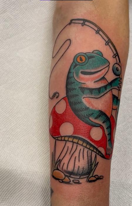 Tattoos - Traditional Style Frog Fishing on Mushroom - 145426