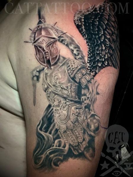 Terry Mayo - Black and grey Warrior Angel tattoo
