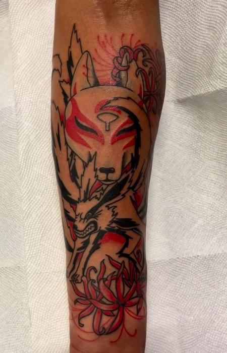 Tattoos - Traditional Style Nine-tailed Fox and Inari Mask - 145488