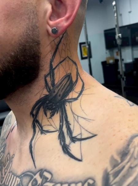 Tattoos - Black and Gray Spider Neck Tattoo - 145508