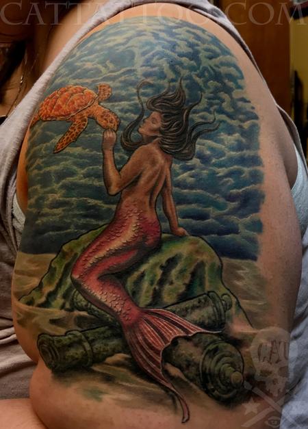 Tattoos - Color Mermaid and Sea Turtle Tattoo - 138426
