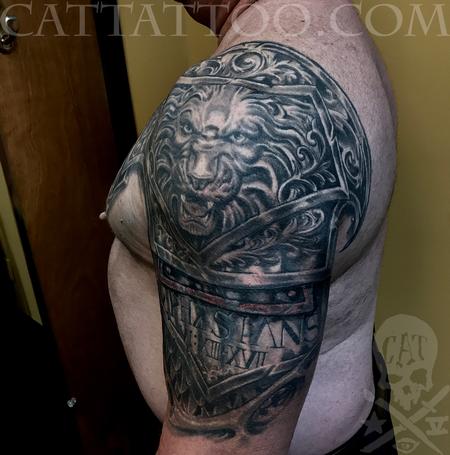 Tattoos - Black and Grey Lion Armor Tattoo - 139123