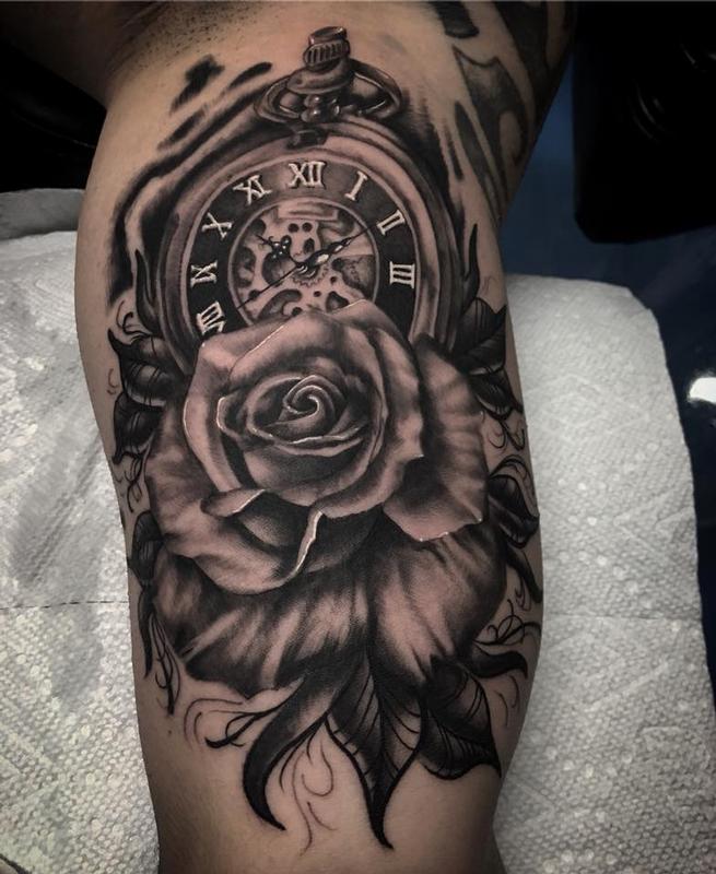 black and grey clock and rose by Jake Hand TattooNOW