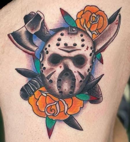 Tattoos - Jason mask with yellow traditional style roses  - 144260
