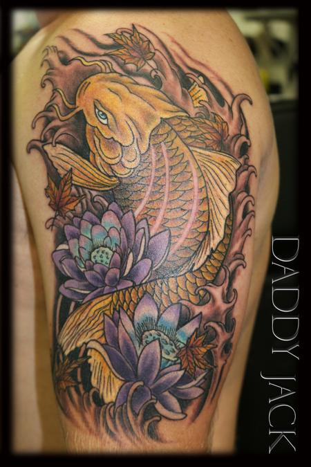 Tattoos - Realistic Koi Fish and Lotus Flowers - 130534