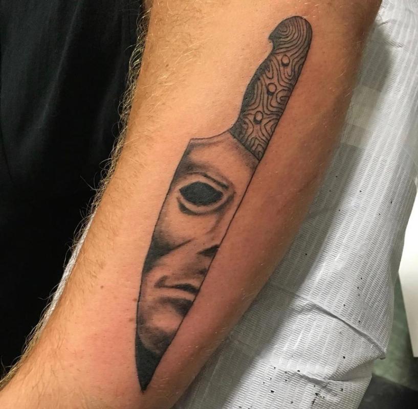 Micheal Myers knife tattoo done in 8 hours by Javier Antunez OwnerArtist  at Tattooed Theory in Miami FL visit www  Movie tattoos Knife tattoo  Horror tattoo