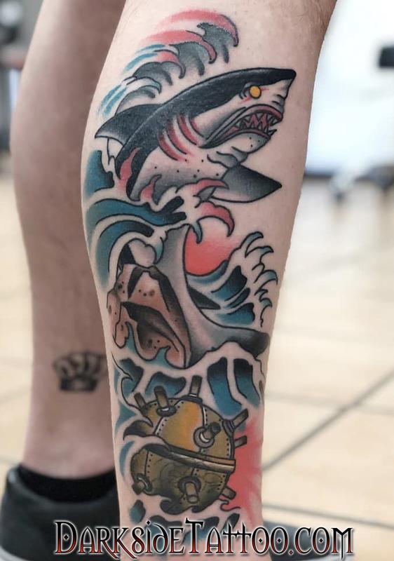 Traditional Shark Tattoo On Man Left Arm