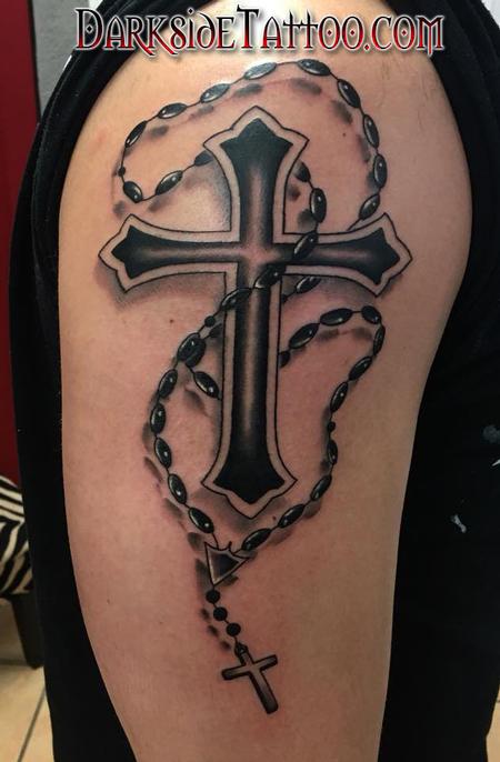 Tattoos - Black and Gray Cross and Rosary Tattoo - 133936