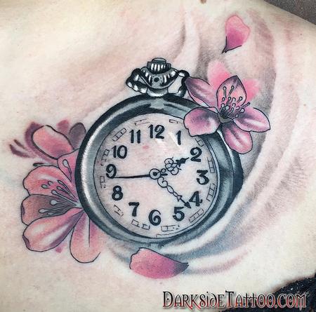 Daniel Adamczyk - Color Clock and Cherry Blossom Tattoo