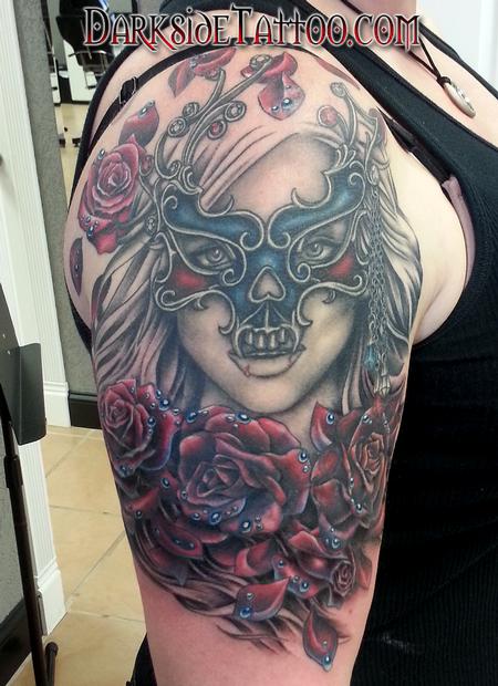 Sean O'Hara - Color Roses and Mask Tattoo