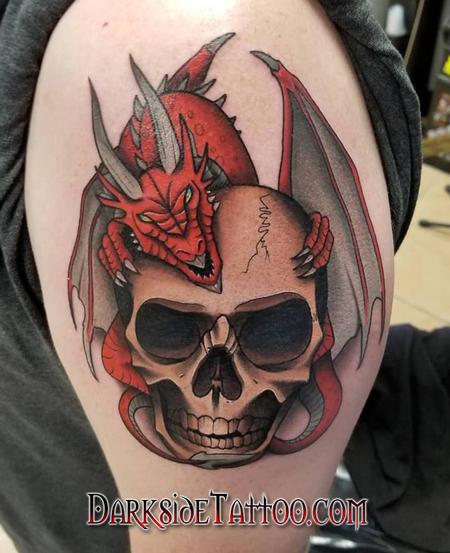 Tattoos - Color Skull and Dragon Tattoo - 133950