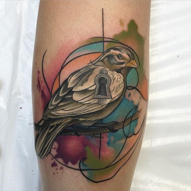 Cool Abstract Flying Bird Tattoo On Man Left Half Sleeve