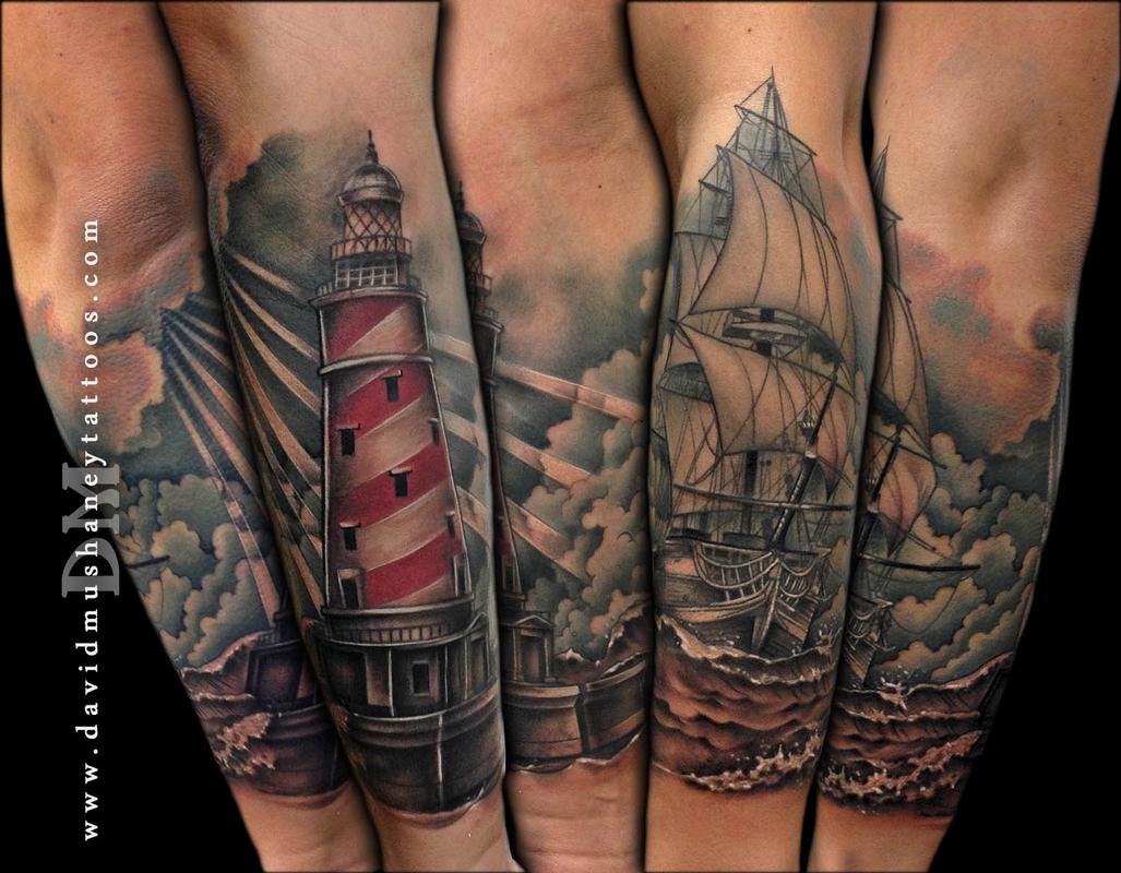 Lighthouse and Ship Half Sleeve Tattoo by David Mushaney: TattooNOW