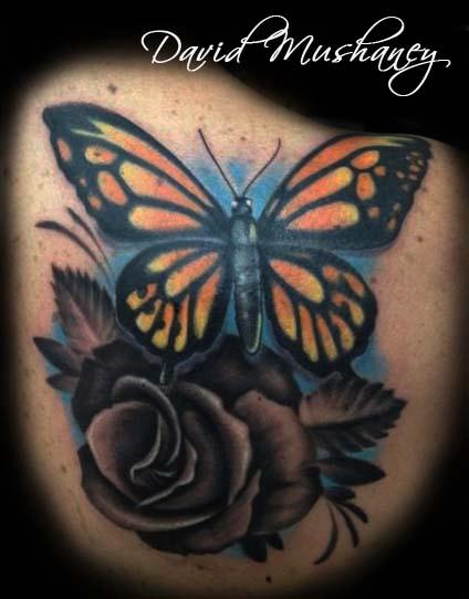 Butterfly and Rose Cover Up Tattoo by David Mushaney: TattooNOW