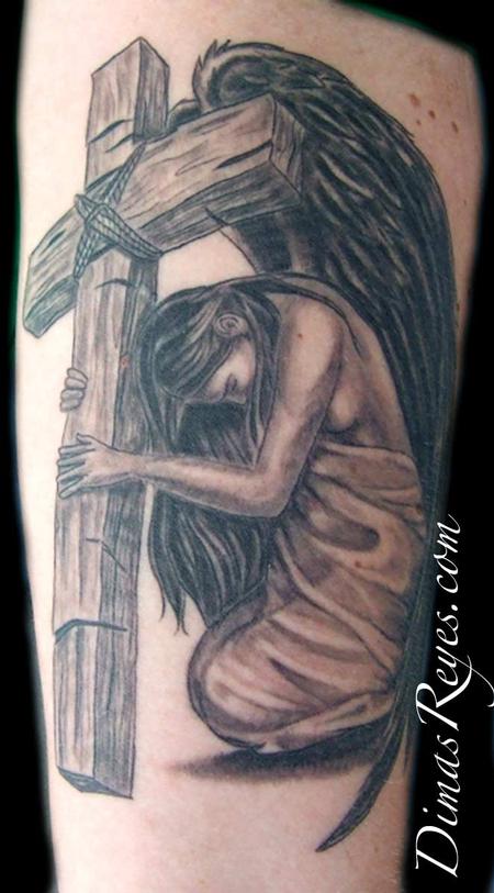 Dimas Reyes - Black and Grey Angel with Cross Tattoo