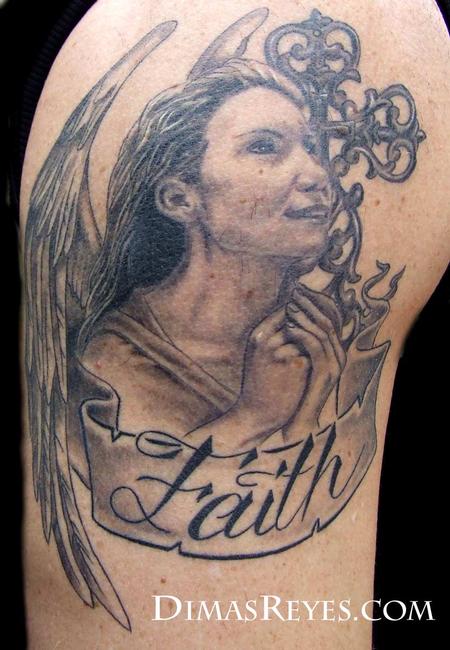 Dimas Reyes - Black and Grey Angel Portrait Tattoo