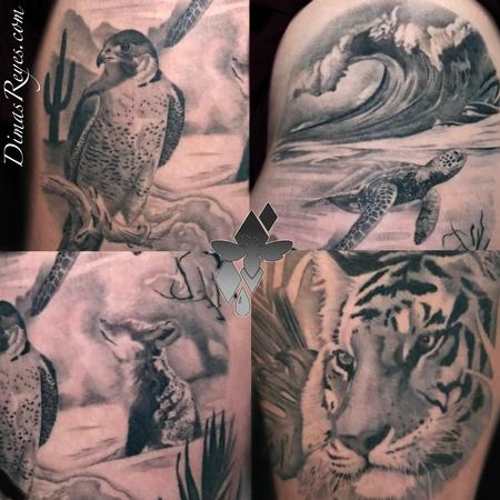 Dimas Reyes - Black and Grey Animal Habitats Tattoo Detail