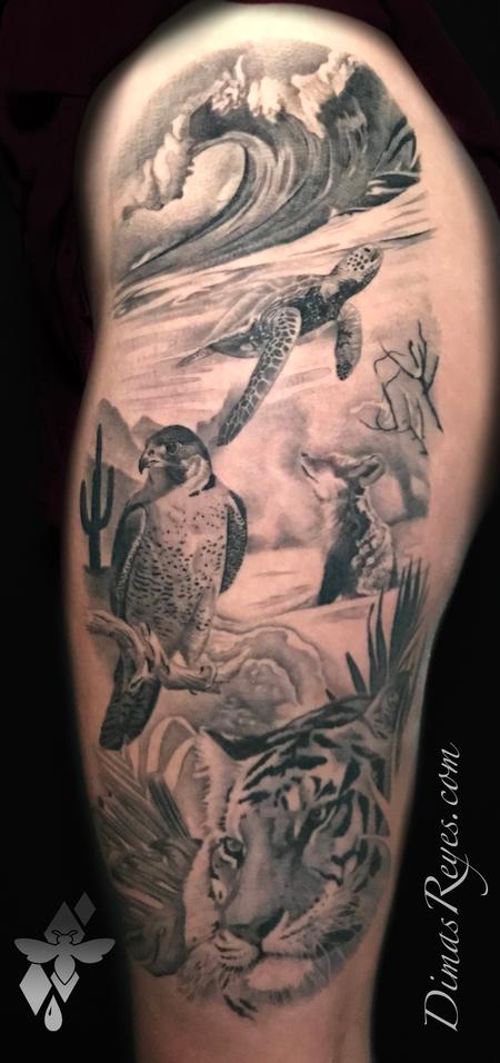 Dimas Reyes - Black and Grey Animal Habitats Leg Tattoo