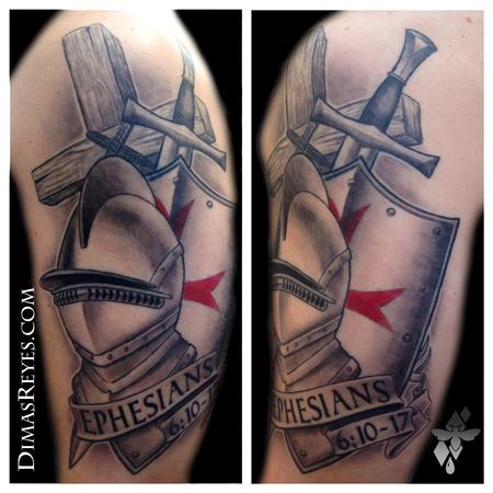 Dimas Reyes - Black and Grey Armor of God tattoo