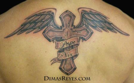 Dimas Reyes - Black and Grey Winged Cross Tattoo