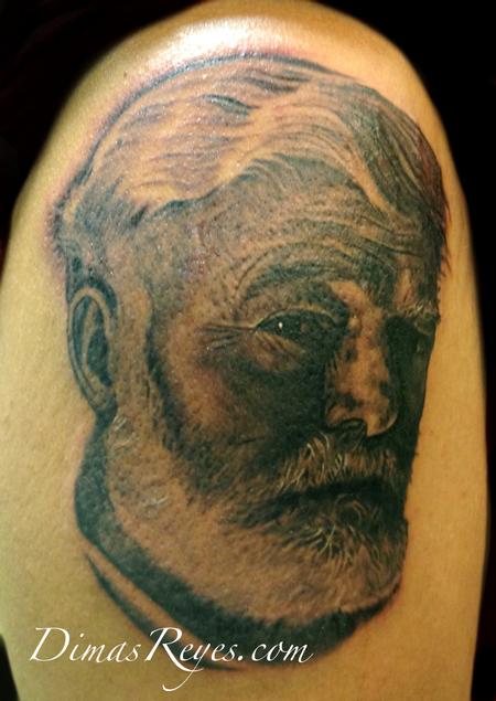 Dimas Reyes - Black and Grey Ernest Hemingway portrait tattoo
