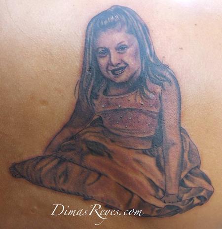 Dimas Reyes - Black and Grey Girl Portrait with Dress Tattoo