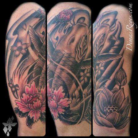 Dimas Reyes - Japanese Koi Fish and Flowers tattoo