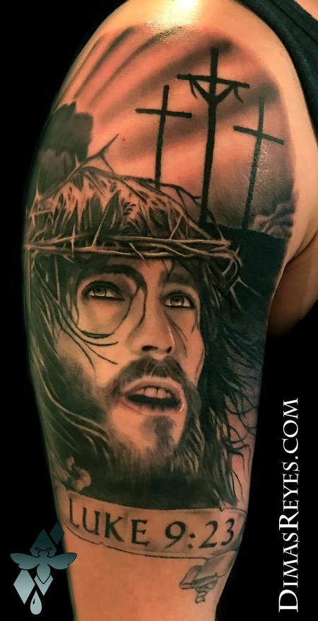 Dimas Reyes - Black and Grey Jesus Christ at Calvary tattoo