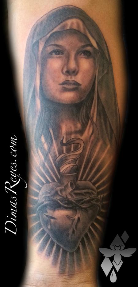 Dimas Reyes - Black and Grey Madonna and Sacred Heart tattoo