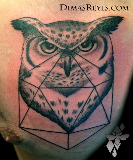 Dimas Reyes - Black and Grey Owl and Sacred Geometry tattoo