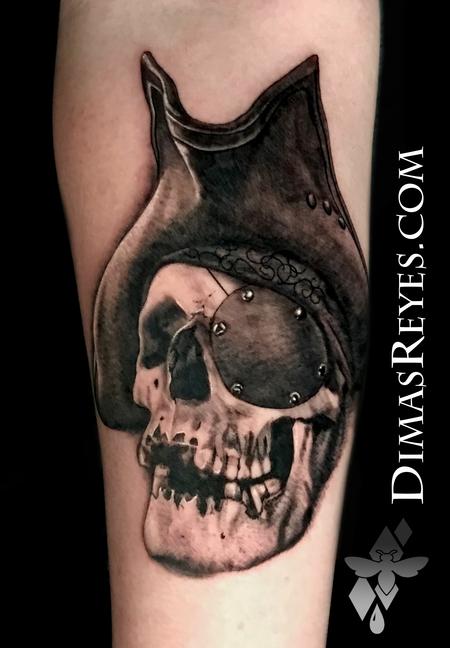 Dimas Reyes - Black and Grey Realistic Pirate Skull Tattoo