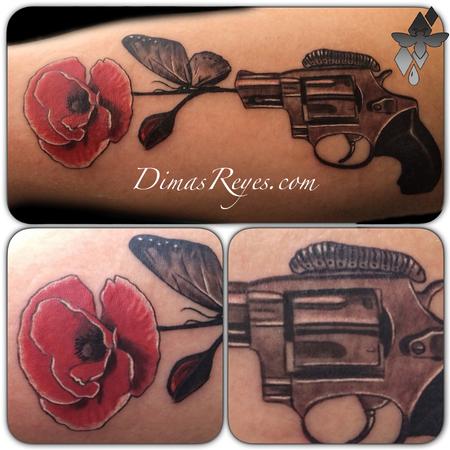 Dimas Reyes - Black and Grey Pistol and Flower tattoo