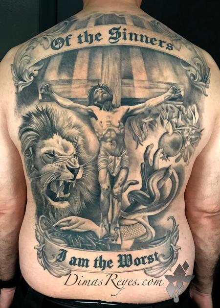 Dimas Reyes - Black and Grey Religious Jesus Cross Portrait Lion Lamb Eve Serpent Back Tattoo